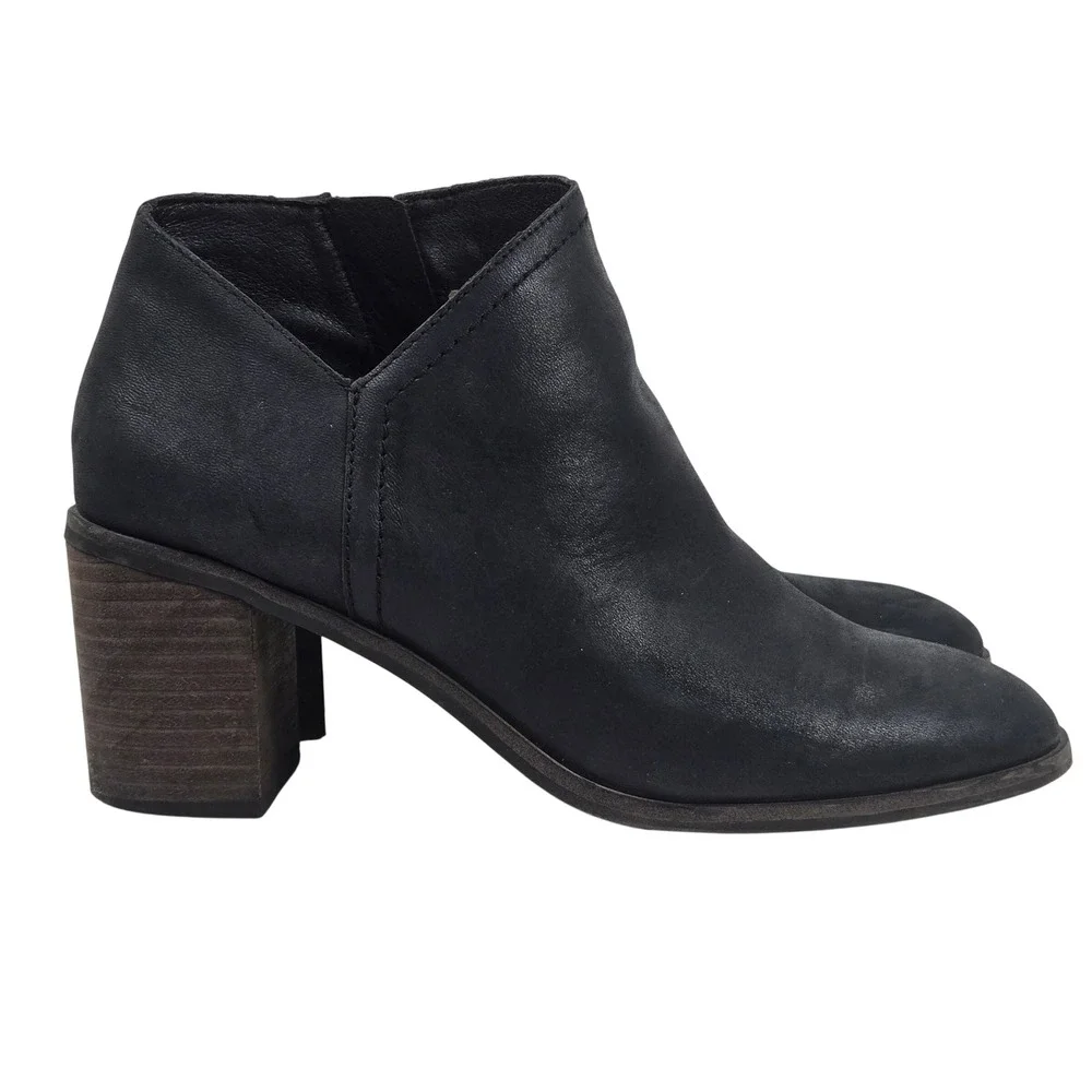 Lucky Brand Panally Leather Ankle Boots Black 8M Block Heel Zip Booties Boho EUC